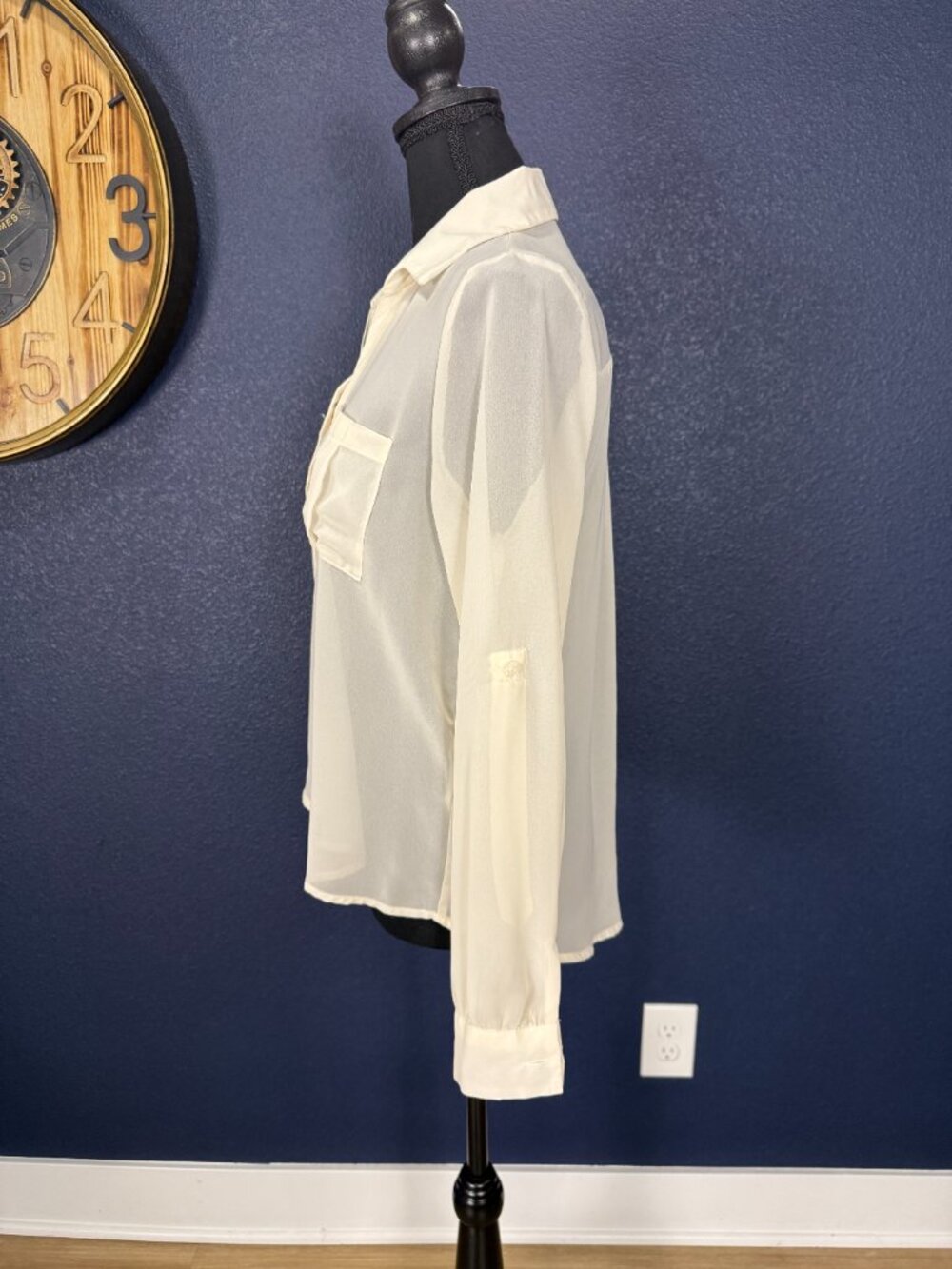Mine Ivory Sheer Chiffon Button Down Blouse | S - Picture 5 of 7